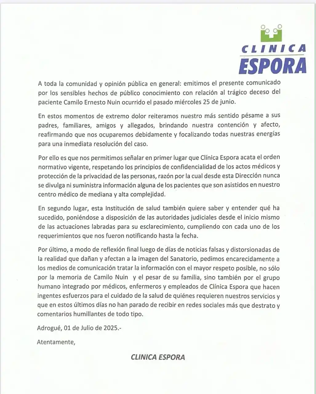 comunicado camilio nuin