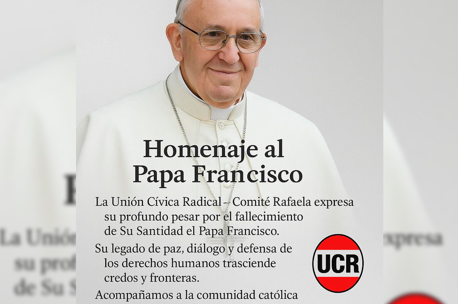 La UCR Rafaela expresó su pesar por el fallecimiento del Papa Francisco: "Es un momento de profundo dolor"