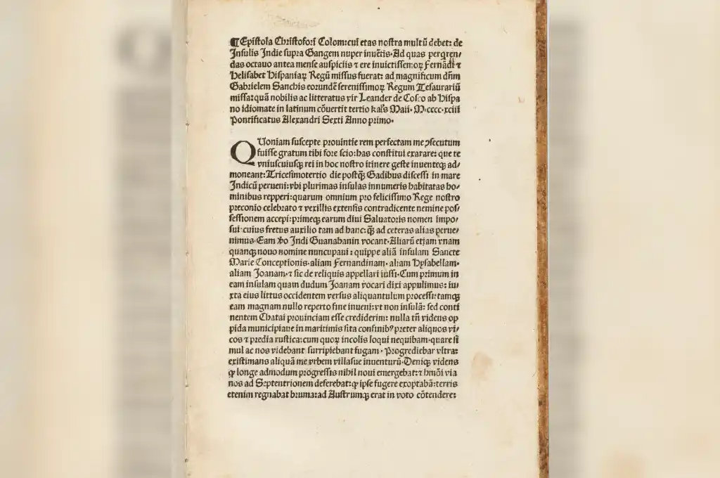 Una de las cuatro hojas que conforman la epístola conocida como "De insulis nuper inventus" (De las islas recién descubiertas).