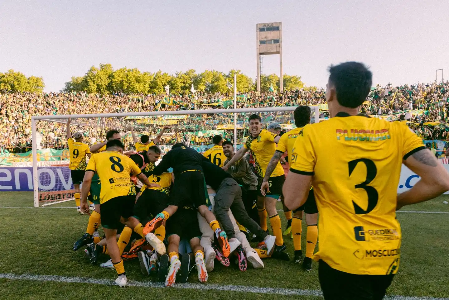 Aldosivi hecho una montaña celebrando el triunfo frente a Brown de Adrogué.