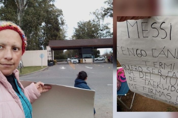 Mariela, frente al country de Messi con el cartel.