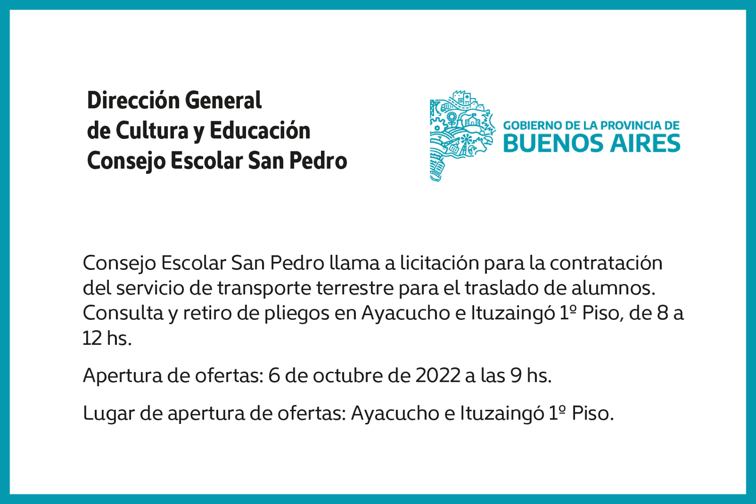 [Publicación Oficial] Consejo Escolar San Pedro: licitación para contratación de transporte terrestre