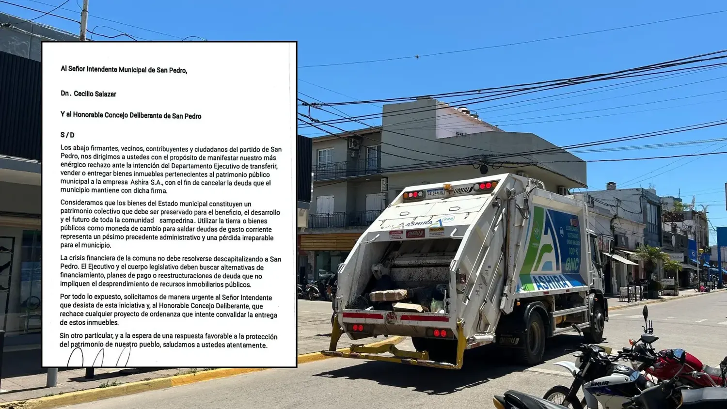 El petitorio que vienen firmando los vecinos es por la negativa a entregar cualquier patrimonio municipal a cambio de la deuda con la empresa Ashira S.A.