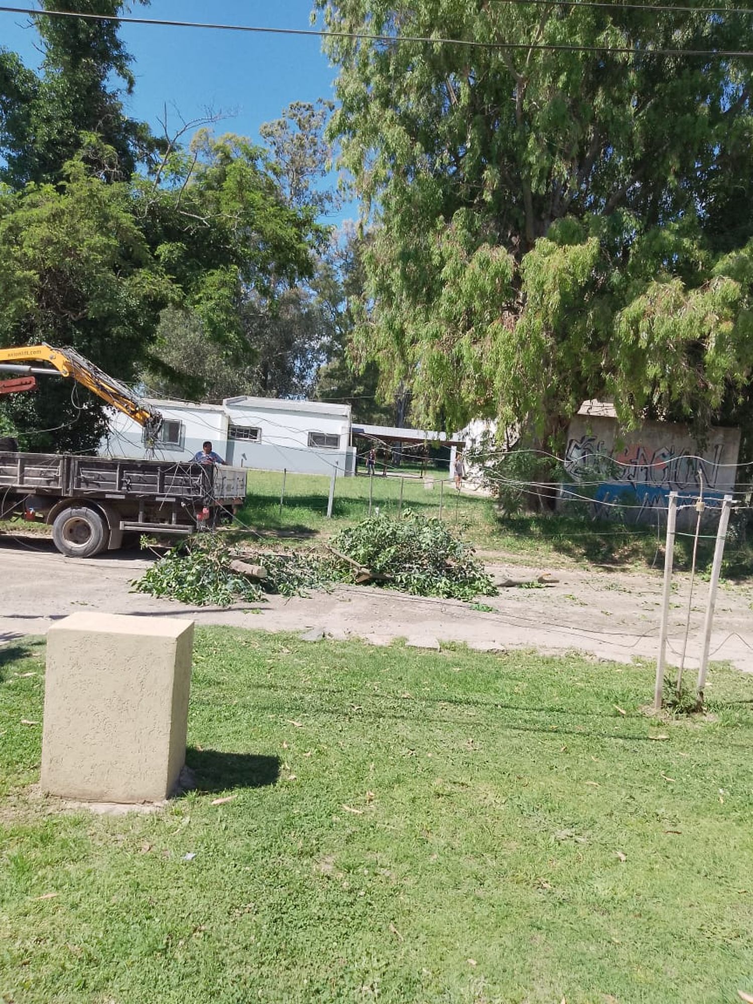 La pluma del vehículo impactó contra el poste, el cual en su caída terminó derrumbando la medianera de uno de los frentistas.