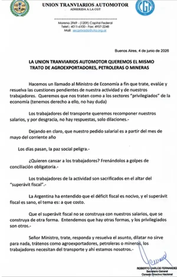 La UTA amenaza con un paro y pide igualdad con sectores exportadores