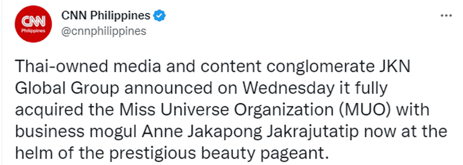 La información que confirmó la venta del Miss Universo. Foto Twitter
