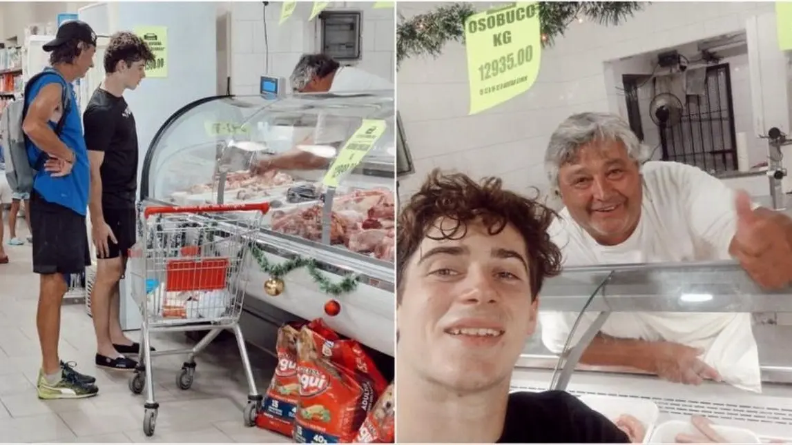 Colapinto junto al carnicero del pueblo, una imagen que rápidamente se viralizó.