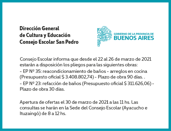 [Publicación Oficial] Informe Consejo Escolar: Pliegos para obras en EP N° 35 y EP N° 23