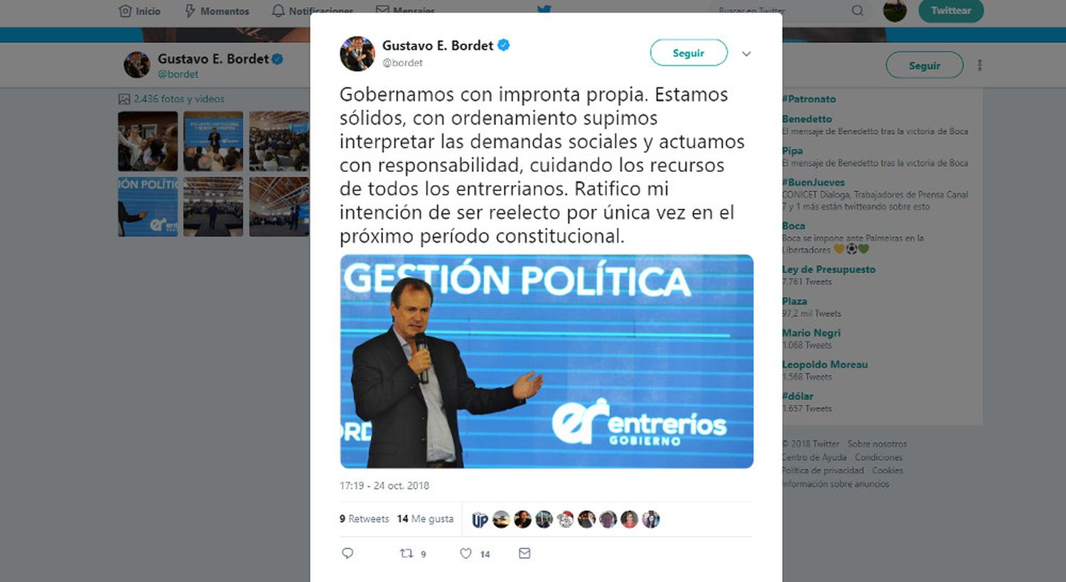 Bordet volvió a manifestar su intención de ser reelecto