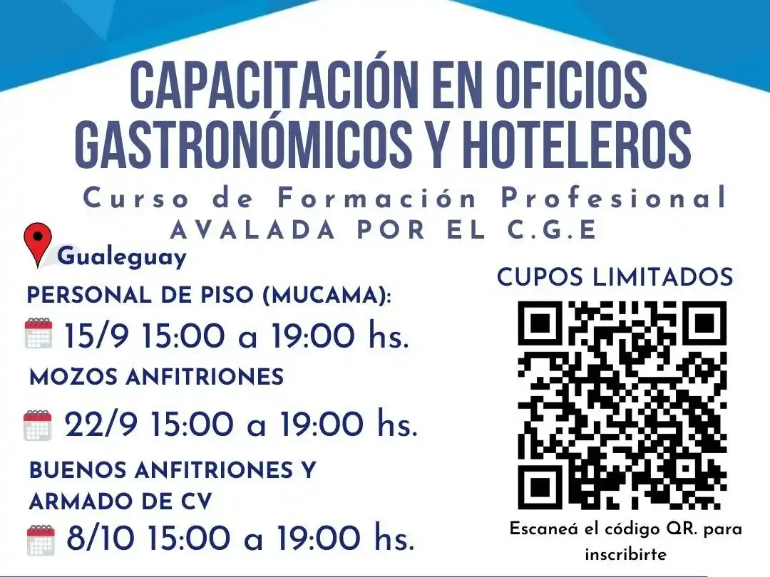 En Gualeguay habrá cursos gratis de oficios gastronómicos y hoteleros
