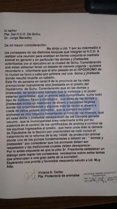 Nota presentada en el Concejo Deliberante 