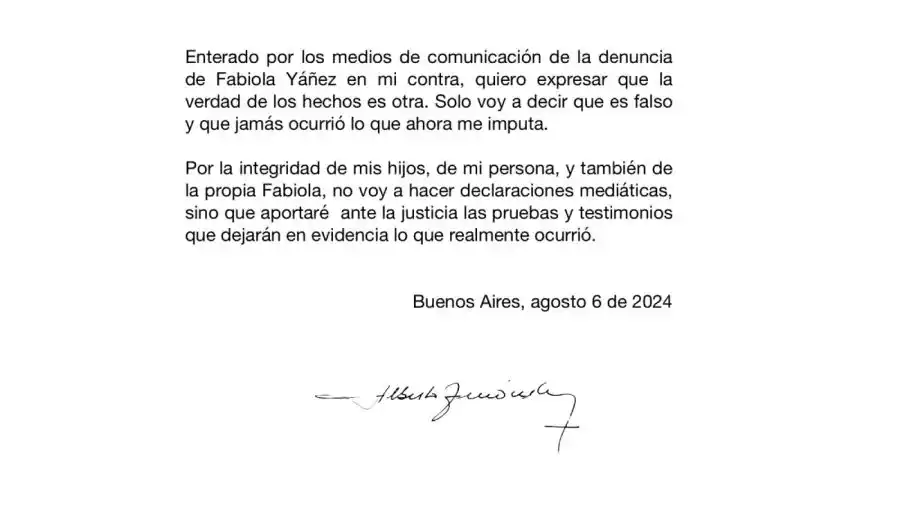 Alberto Fernández tras la denuncia por violencia contra Fabiola Yañez: “Jamás ocurrió lo que ahora se me imputa”