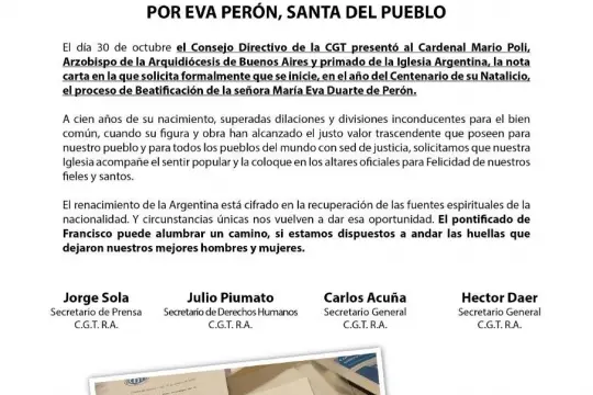 La CGT le pidió al cardenal Poli iniciar el proceso para beatificar a Eva Perón