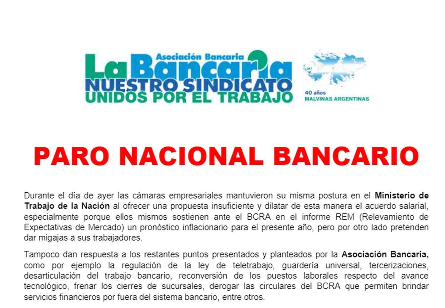 Anunciaron paro nacional bancario para el jueves 28 de abril