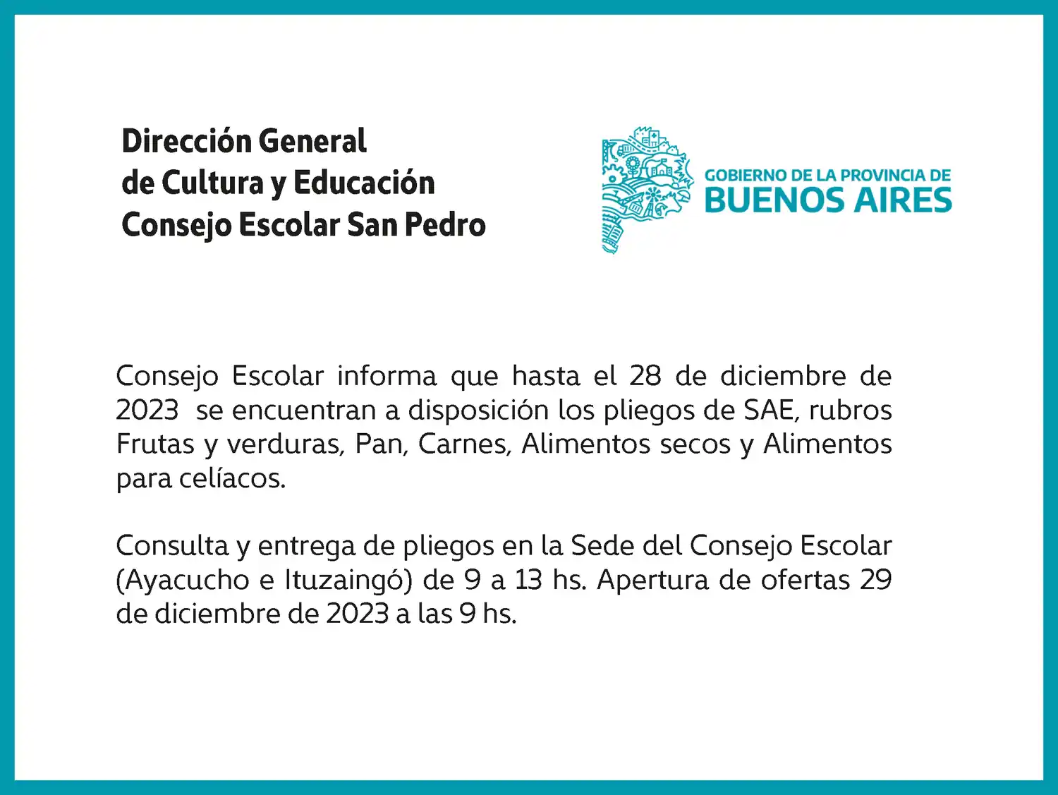 [Publicación Oficial] Consejo Escolar San Pedro: Pliegos SAE disponibles