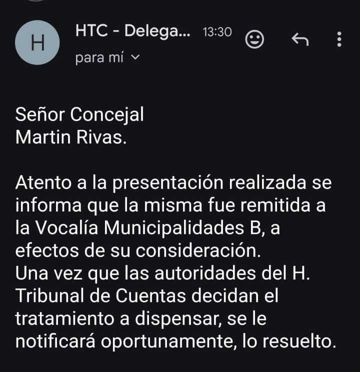 Firmado por la delegada llegó el anuncio de la remisión del pedido del concejal a la sede central del Tribunal de Cuentas.