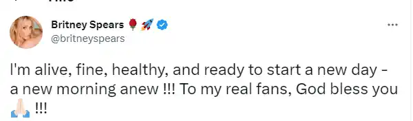 Britney aseguró que está bien, saludable y lista para siempre empezar. Foto Twitter