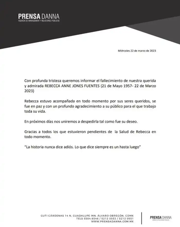 Su oficina confirmó el deceso de Rebecca Jones. Foto Twitter