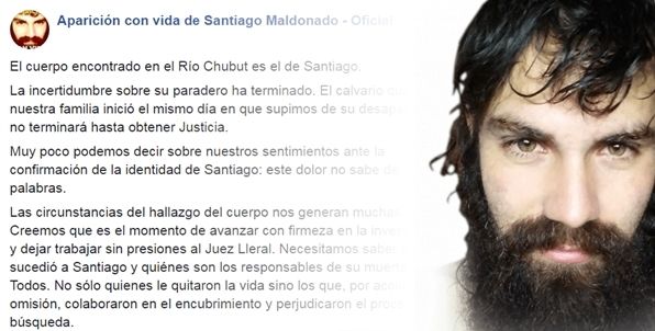 "Se podría haber hecho mucho más y mucho antes", dijo la familia de Santiago Maldonado en un comunicado 