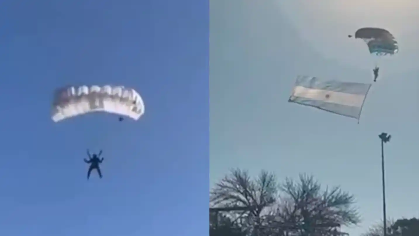 El viento desvió a los paracaidistas durante un acto por el Día de la Bandera en Villa Allende. (Video: X/@hechosanderecho - fotos: captura de video de X).