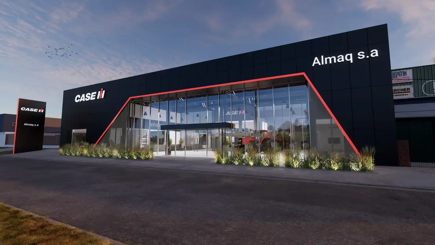 El render exterior del proyecto de remodelación de la concesionaria Almaq.