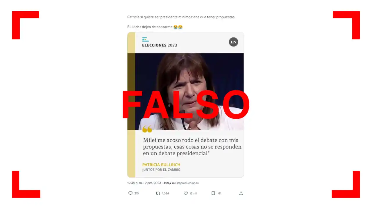 La placa de La Nación en la que Patricia Bullrich se queja del acoso de Javier Milei en el debate presidencial es falsa