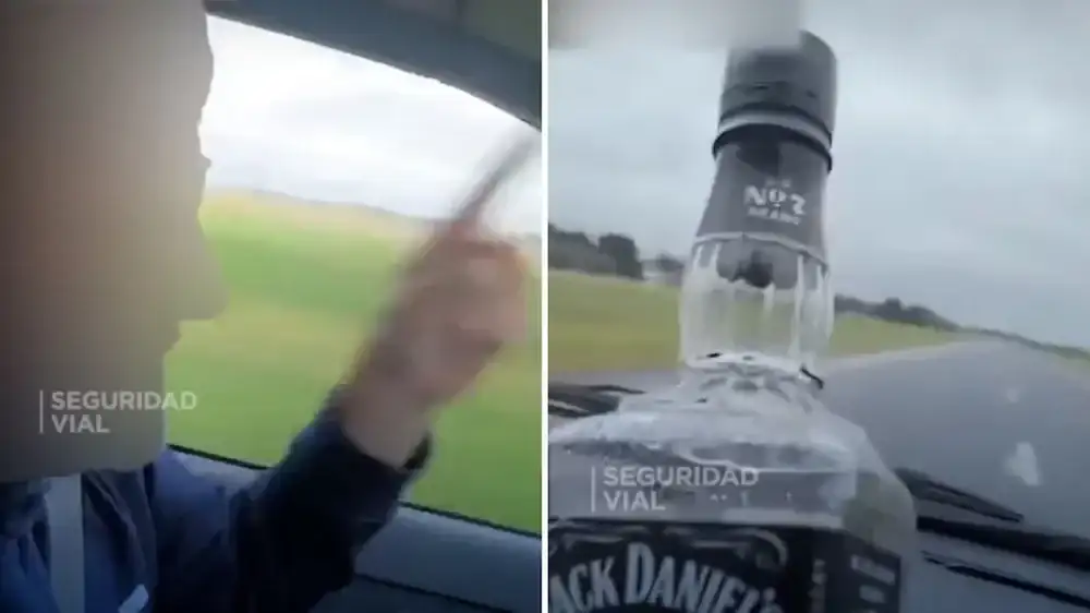 Capturas del video publicado por un conductor que conducía por la Ruta 2 y se filmó bebiendo alcohol.