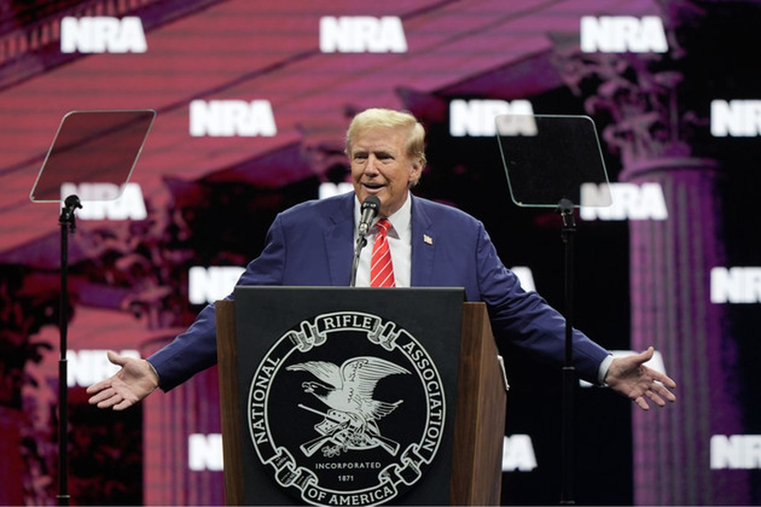 Former President Donald Trump speaks during the National Rifle Association Convention, Saturday, May 18, 2024, in Dallas.