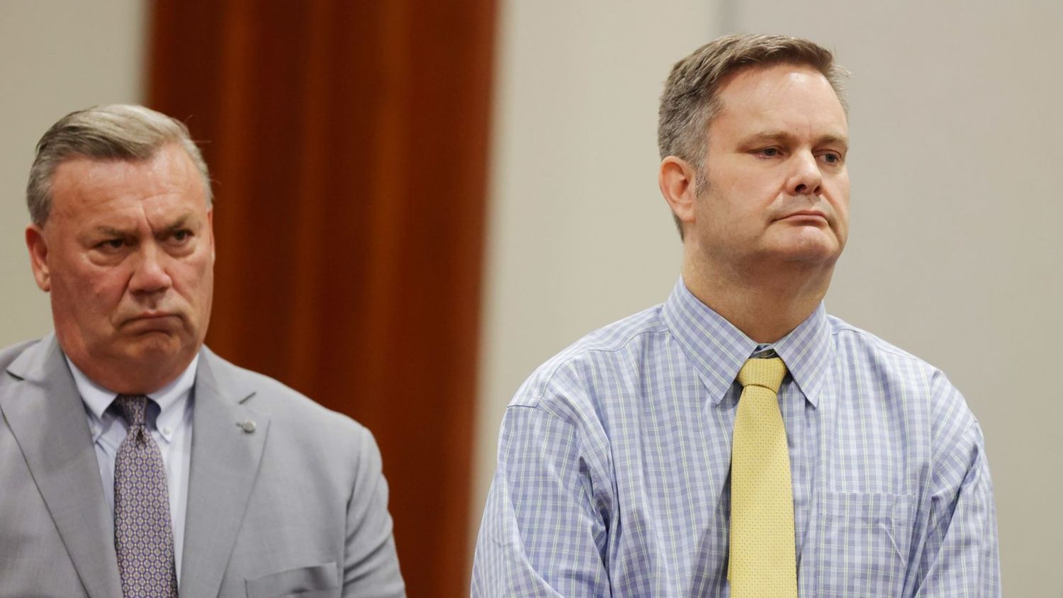 Chad Daybell, right, stands with defense lawyer John Prior as the jury's verdict in his murder trial