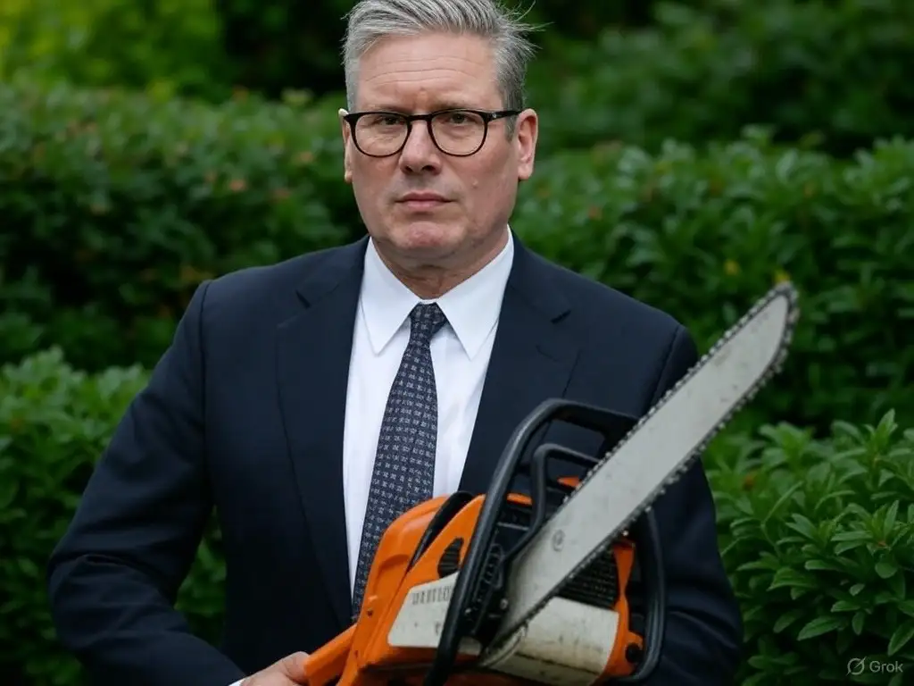 Motosierra. El primer ministro Starmer y un plan para achicar gastos en el Reino Unido. Imagen generada por IA.