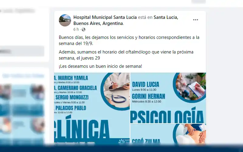 El Hospital de Santa Lucía difundió horarios para esta semana