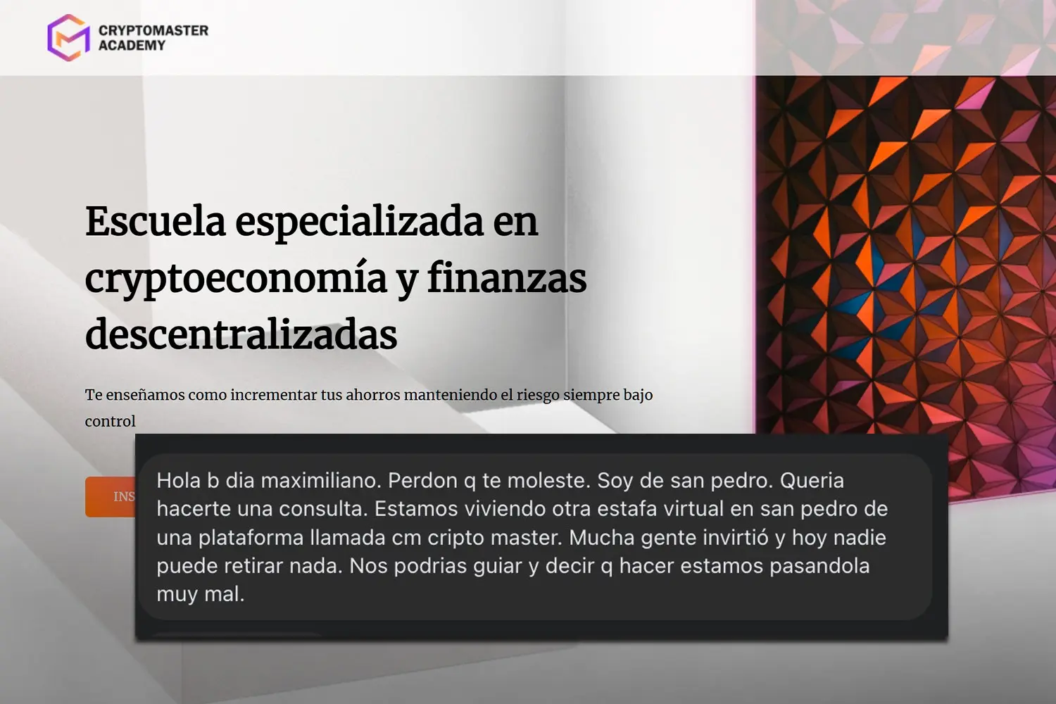 La página de Crypto Master Academy, el site que convocaba a inversores a aprender en cursos de educación financiera.