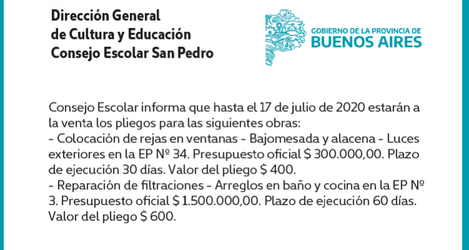 [Publicación Oficial] Consejo Escolar de San Pedro: Pliegos disponibles para obras en EP Nº 34 y EP Nº 3