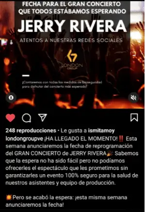La semana pasada los organizadores habían dicho en Instagram que sería reprogramada la fecha del show de Jerry Rivera. 
