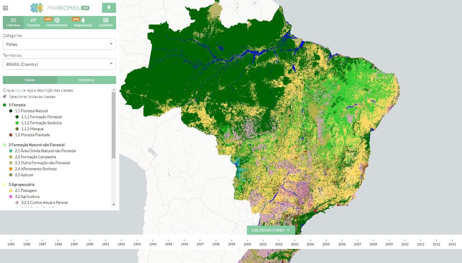 Los mapas elaborados marcan la reducción de las áreas naturales de Brasil.