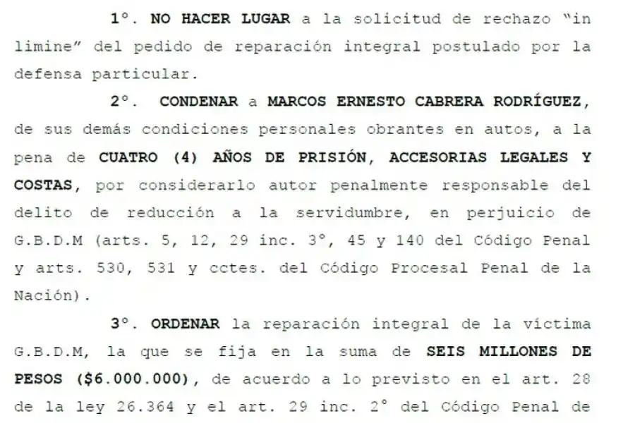 Fragmento de la condena a Cabrera