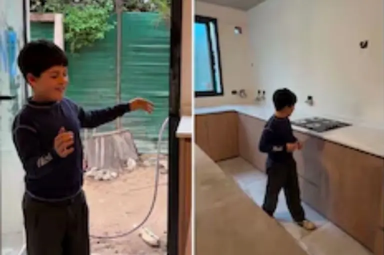La emoción de su hijo al ver su nueva cocina.