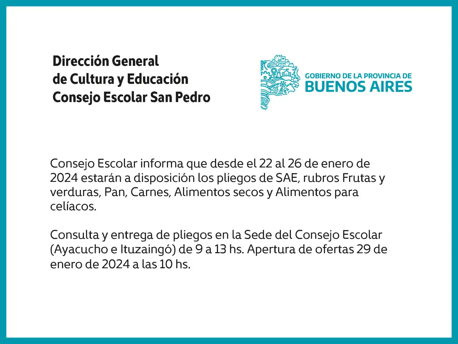 [Publicación Oficial] Consejo Escolar San Pedro: Pliegos SAE disponibles