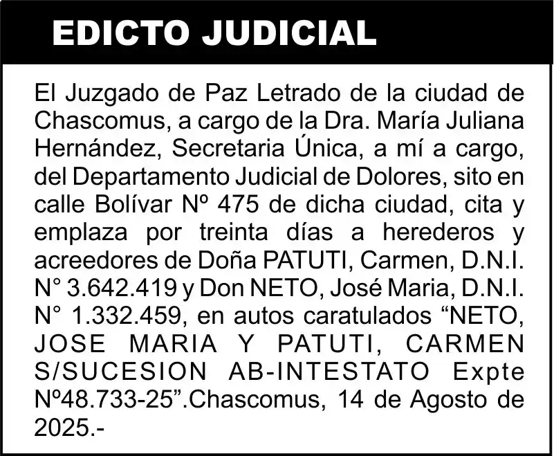 NETO, JOSE MARIA Y PATUTI, CARMEN S/SUCESION AB-INTESTATO