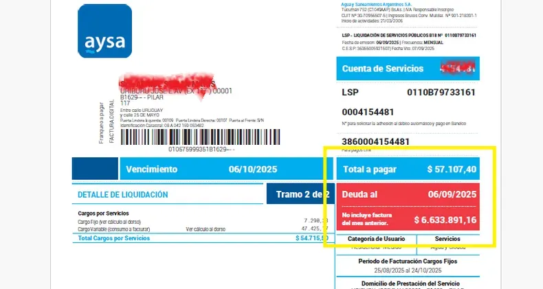 Una pareja de Pilar recibió una factura de agua de $6,6 millones en su casa: "Me dicen que tenemos que pagar"