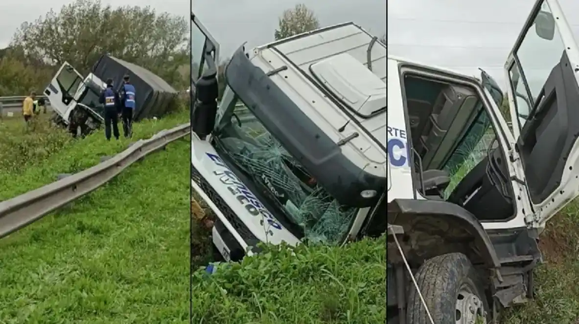 Volcó un camión en uno de los accesos a una ciudad entrerriana: de milagro no cayó a un arroyo