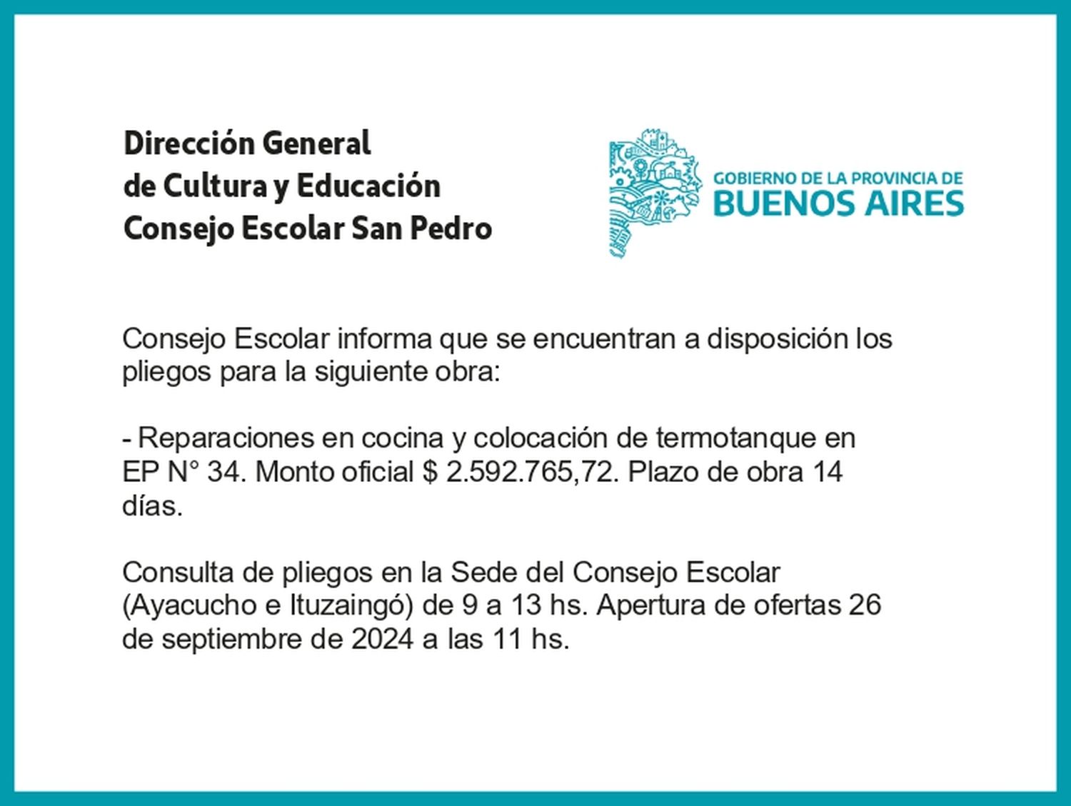 [Publicación Oficial] Consejo Escolar: Pliego para obra disponible
