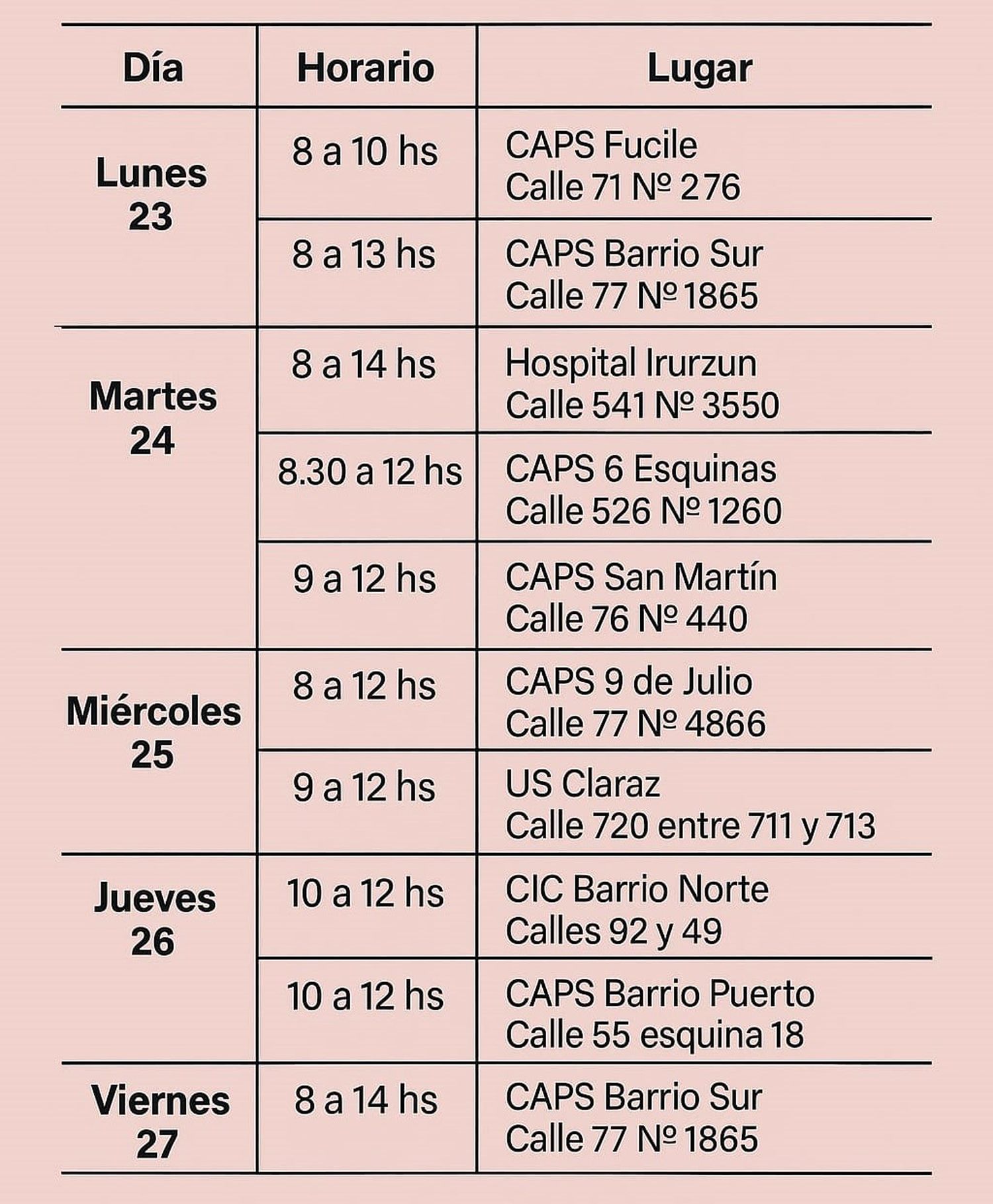 Lugar, días y horarios. Controles ginecológicos