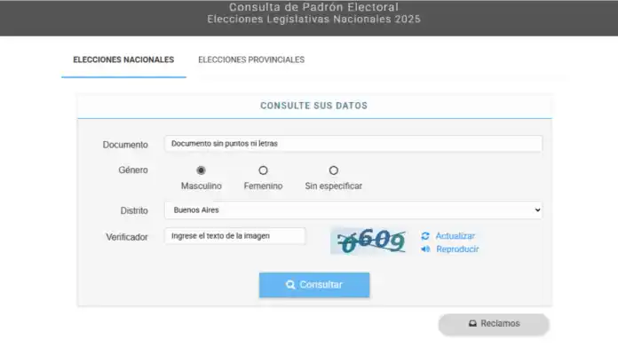 Consulta del padrón electoral provisorio rumbo a las legislativas nacionales 2025.