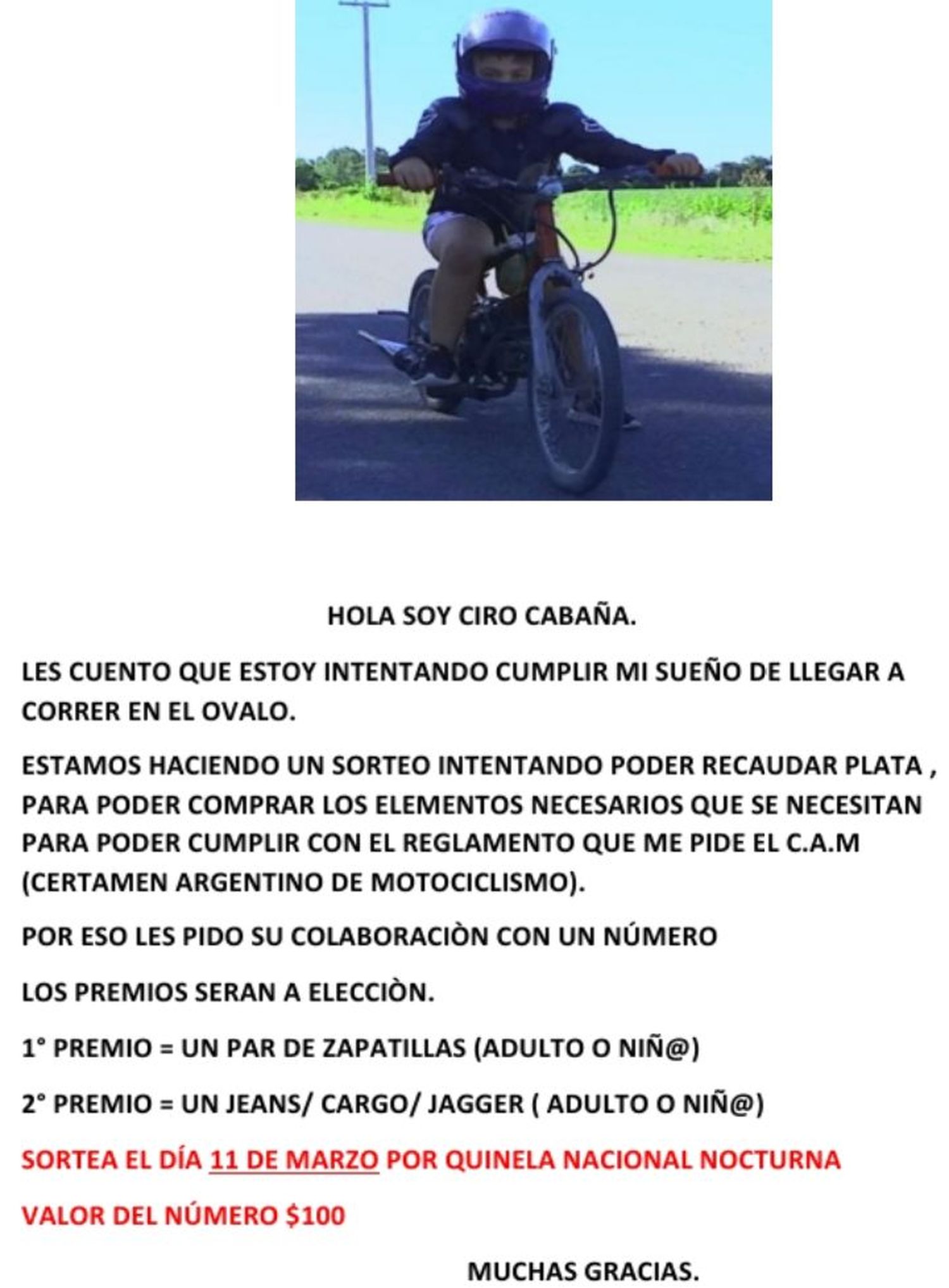 Rifa para colaborar con el sueño de Ciro