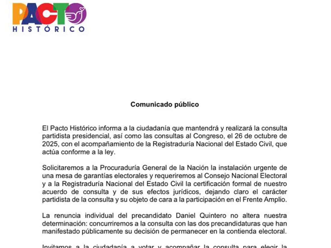 El Pacto Histórico de Petro confirma su consulta interna del 26 de octubre para definir candidato presidencial