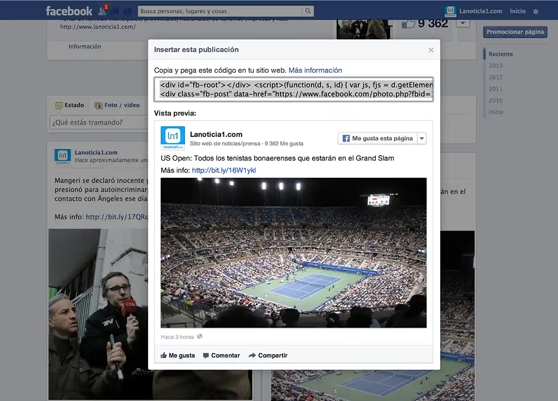 Al igual que Twitter, Facebook permite insertar publicaciones en sitios web