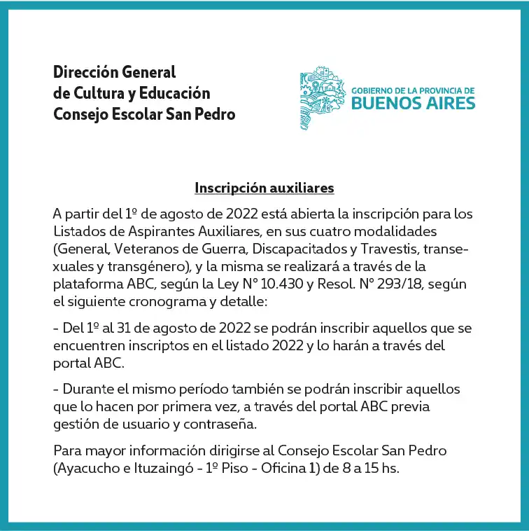 [Publicación Oficial] Consejo Escolar San Pedro: Inscripción de auxiliares