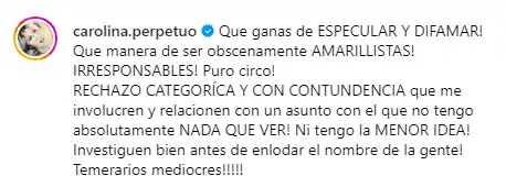 Carolina Perpetuo se desligó de cualquier señalamiento. Foto Instagram