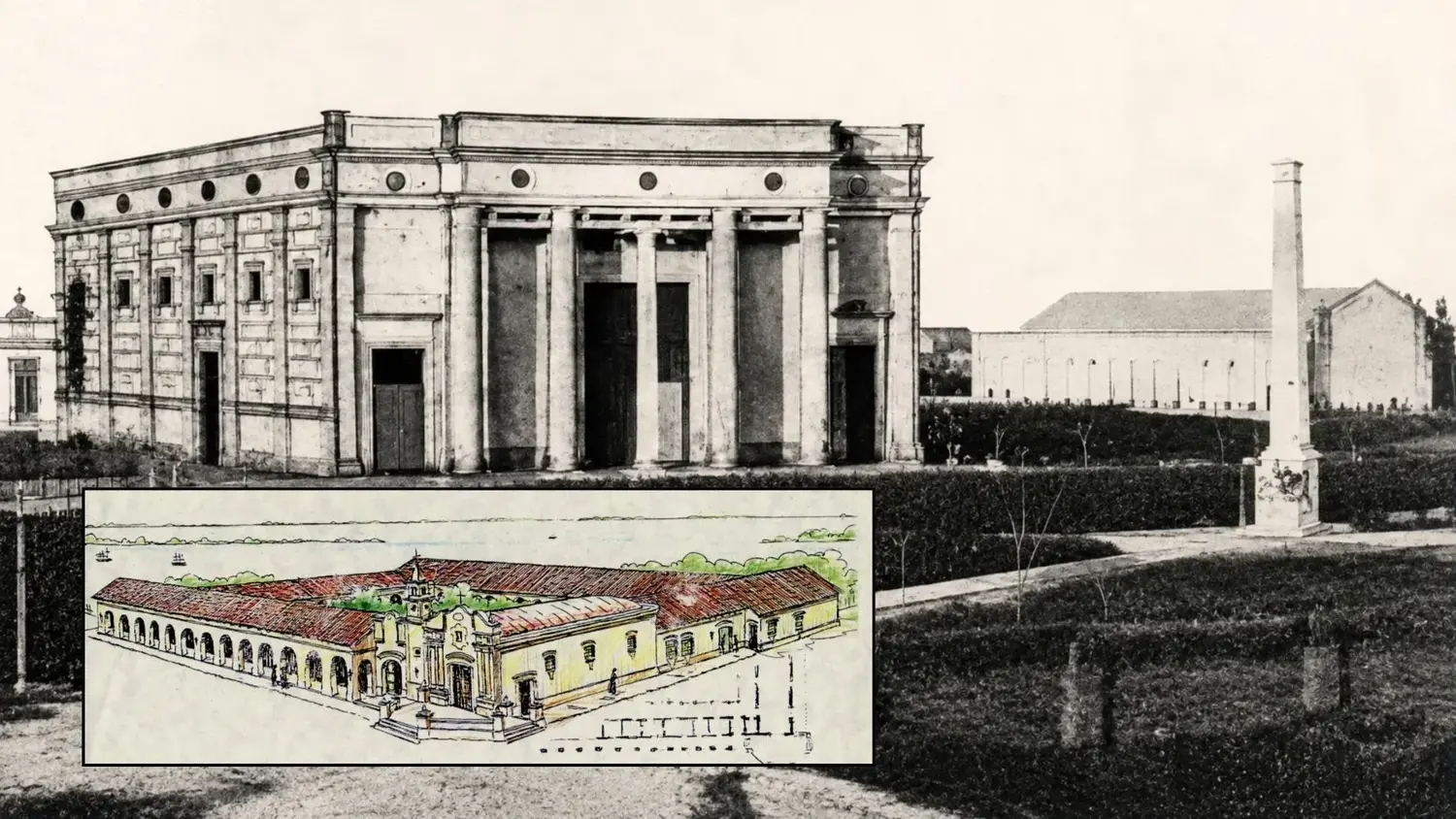 La imagen icónica de la construcción de la actual Basílica y el Convento detrás. Abajo a la izquierda, la recreación que realizó Mario Muñoz para los Amigos del Patrimonio Cultural.